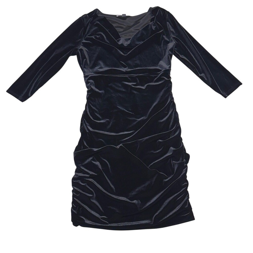 Boston Proper velvet black‎ ruched cowl neck dress 3/4 sleeve stretch holiday